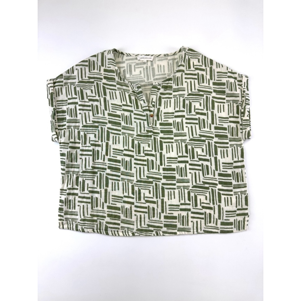 Harris Wilson Cotton Print Blouse Large Green Abstract Art Block Print Casual
